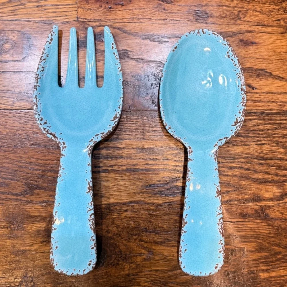 Tommy Bahama Turquoise Melamine Salad Server Set Fork Spoon Crackle Finish